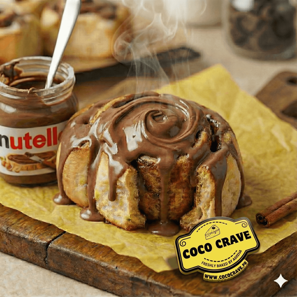 Warm glazed cinnamon rolls in Gulberg Lahore displayed on a wooden bakery tray at Cococrave.