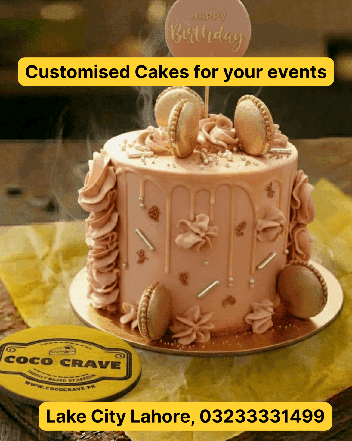 Triple layer chocolate birthday cake in Khayaban e Amin Lahore with custom gold topper.