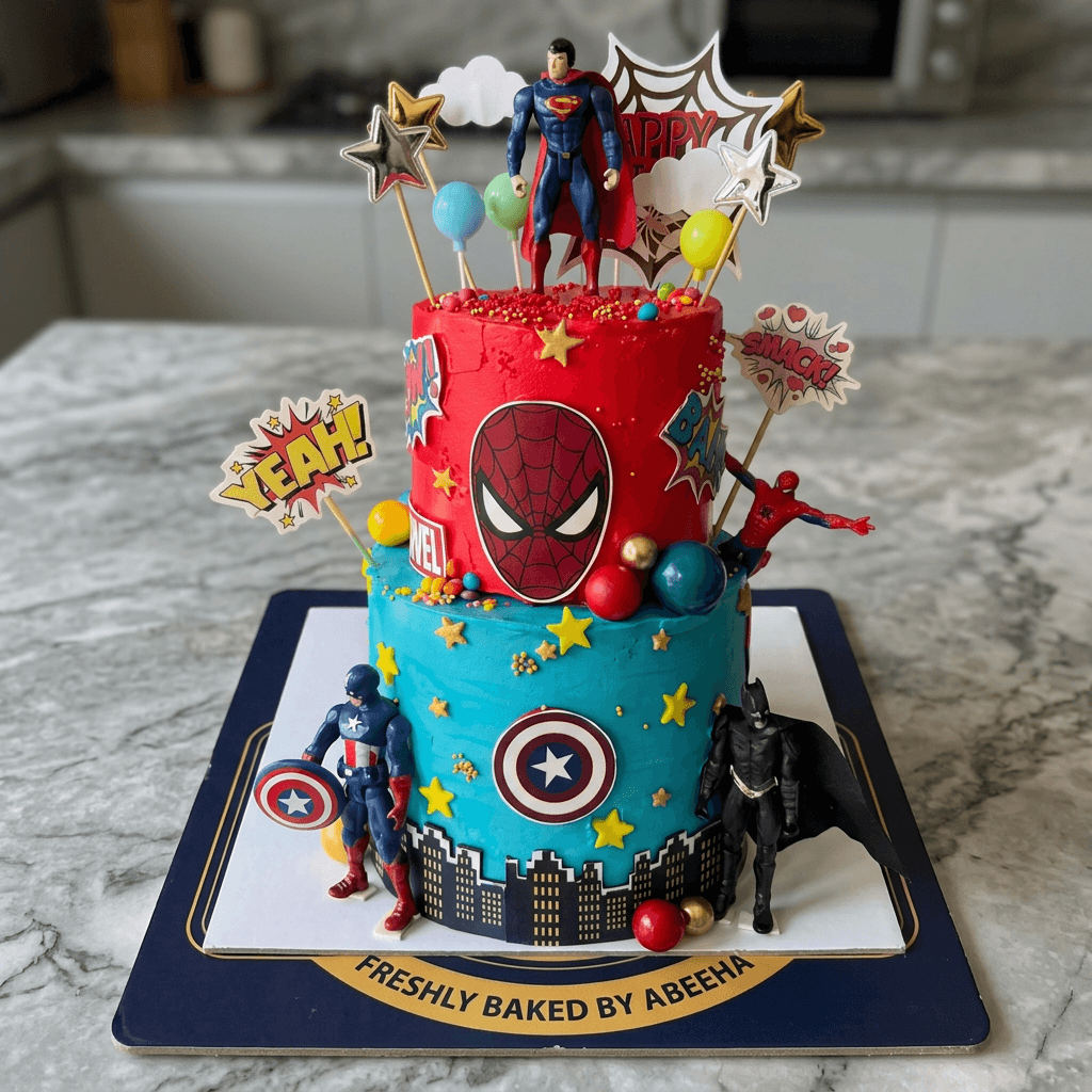 CocoCrave Superhero theme cake for kids - superman batman the flash green lantern CocoCrave Superhero theme cake for kids - superman batman the flash green lantern