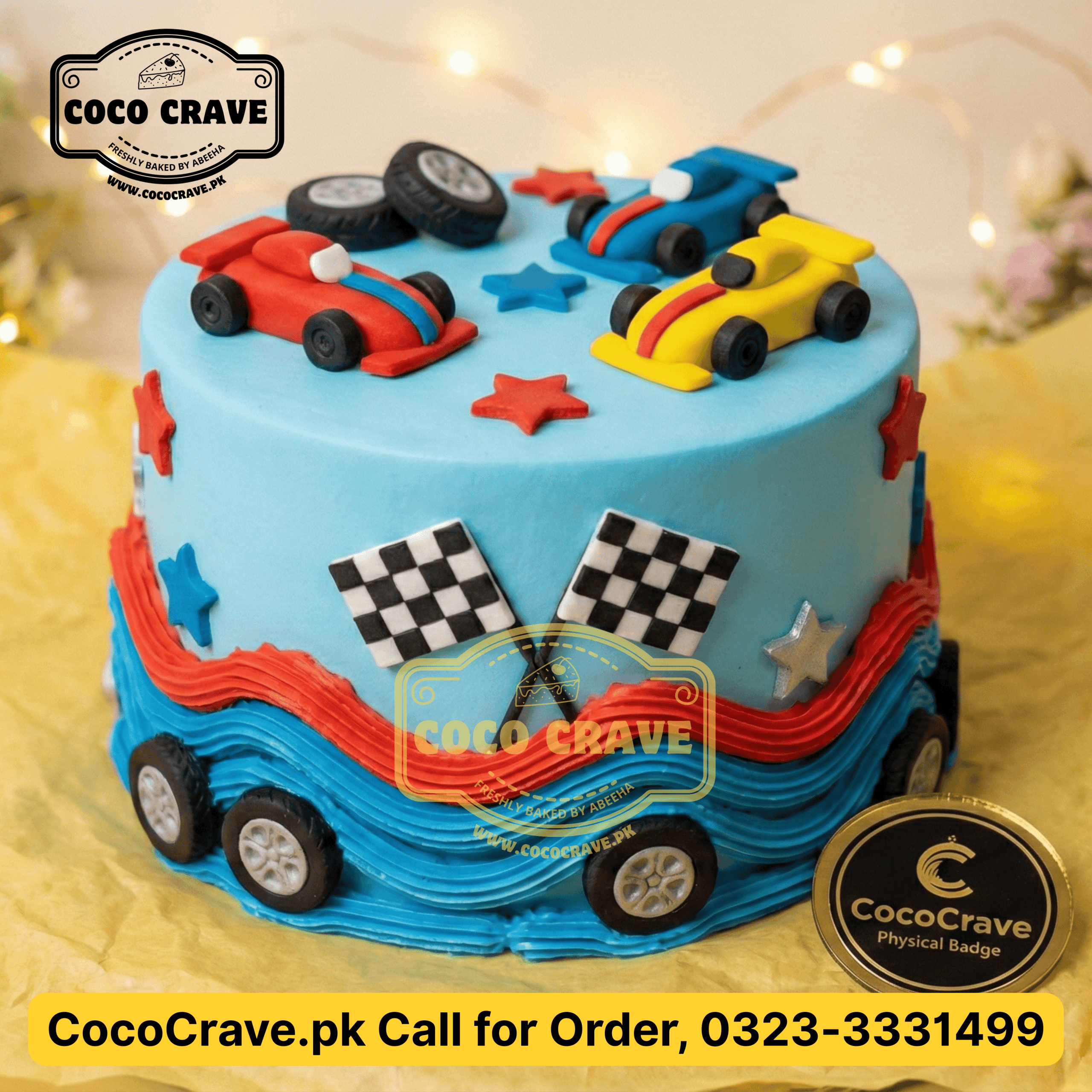 Elegant blue and pink fondant baby shower cake in Lahore with edible 3D teddy bear toppers. — view 3
