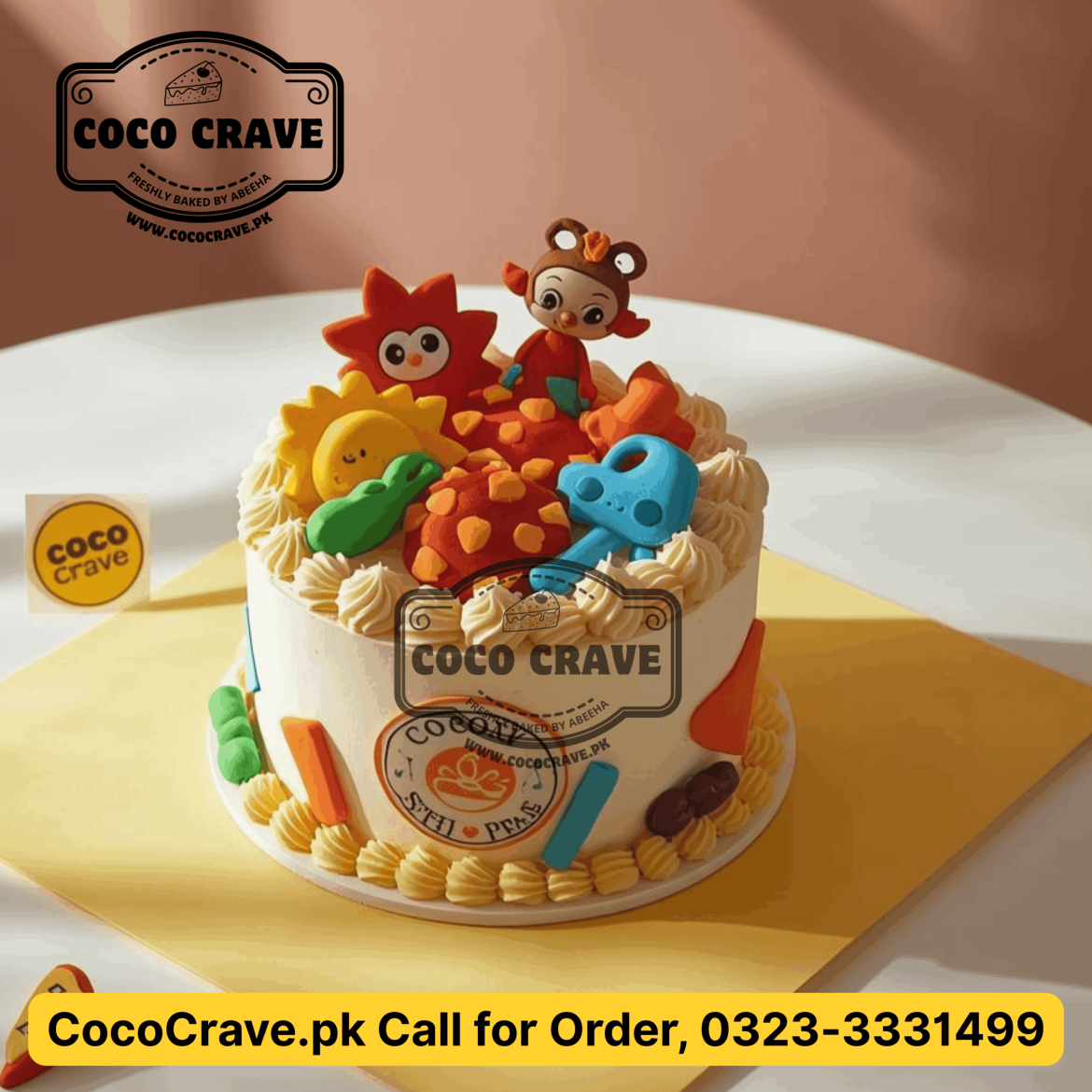 Blue themed tiered baby boy cake in Lahore decorated with fondant clouds and stars.