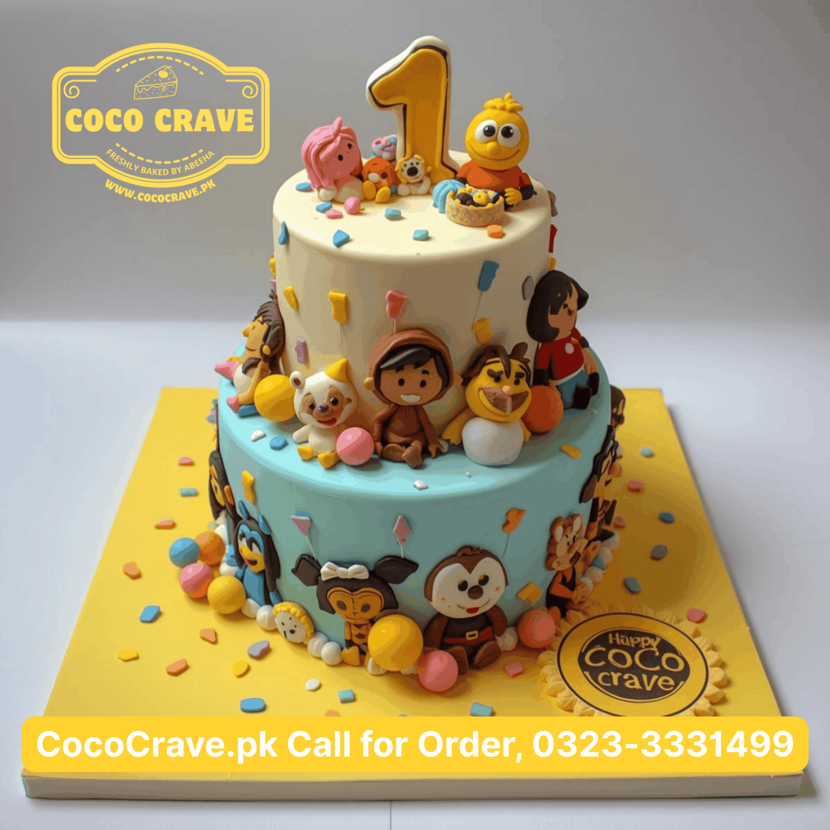 Colorful tiered kids birthday cake near me lahore with fondant characters and sprinkles.