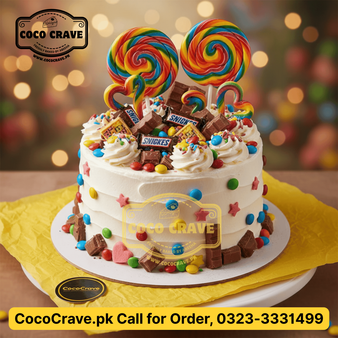 Grand three tier blue and gold best naming ceremony cake lahore with sugar clouds.