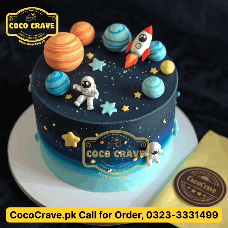 Premium halal newborn celebration cake in Lahore with blue and white frosting and sugar booties decoration.