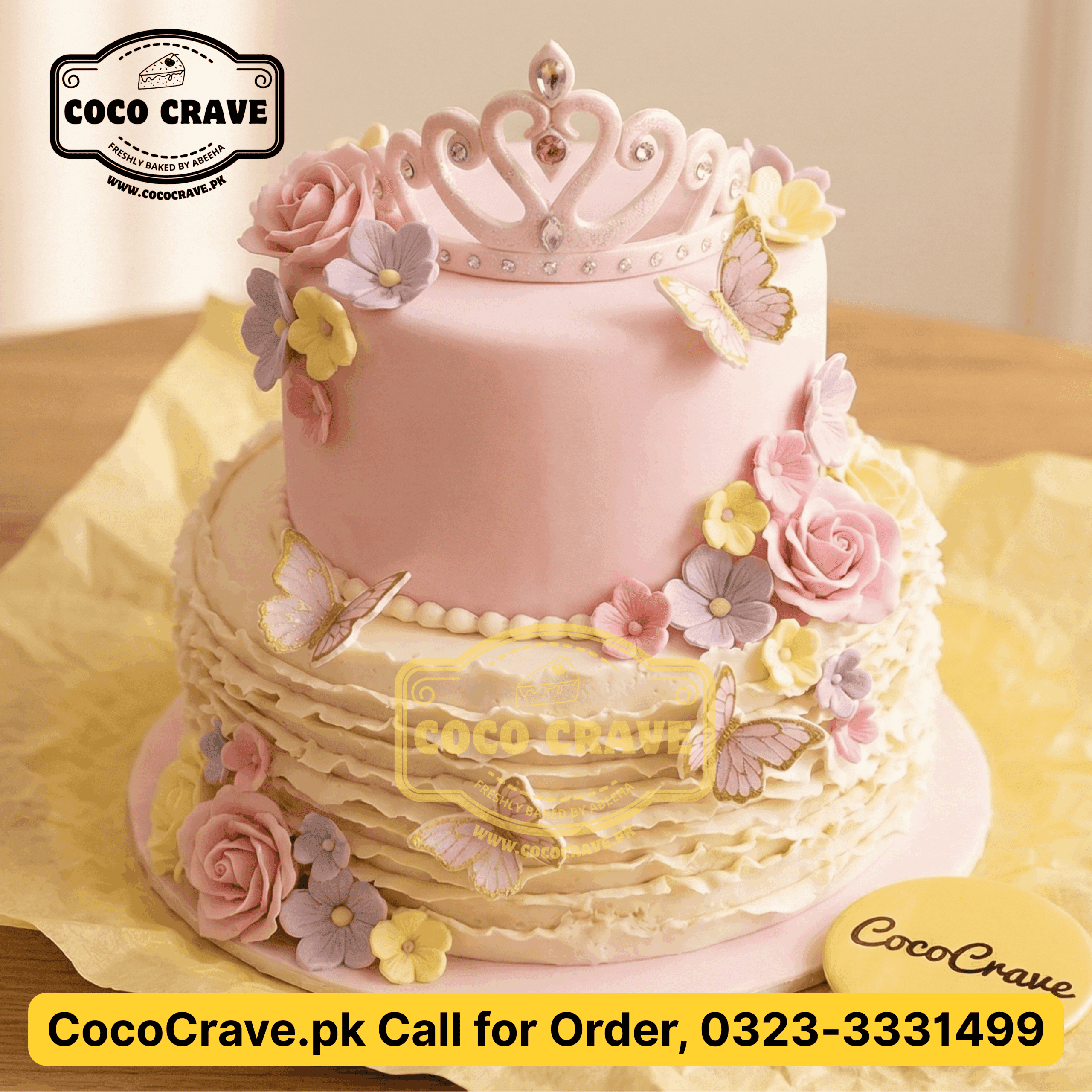 Elegant custom retirement cake Lahore with gold leaf and handcrafted floral fondant decorations. — view 2