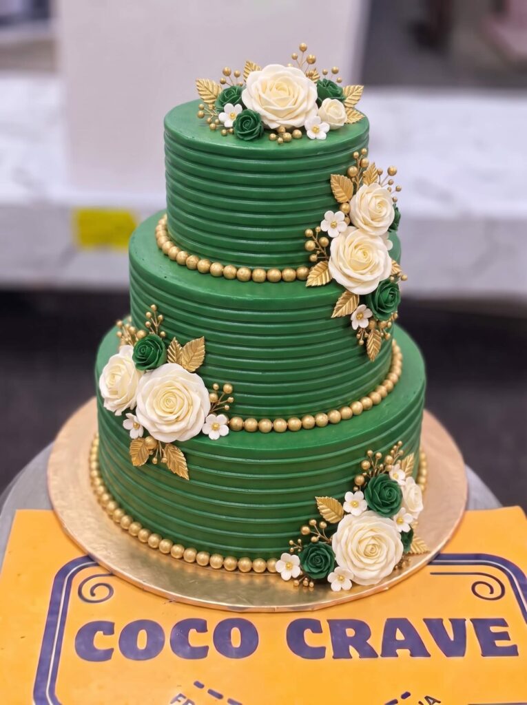 Green and Gold Three Tier Cake in Lahore