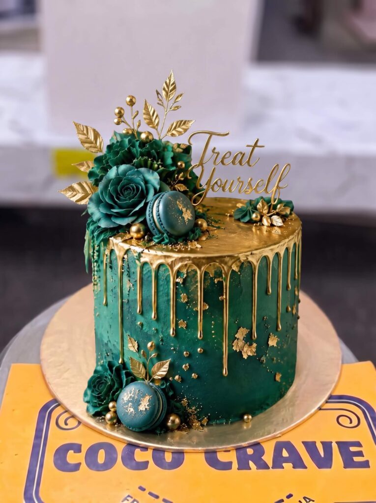 Emerald Green and Gold Drip Cake in Lahore