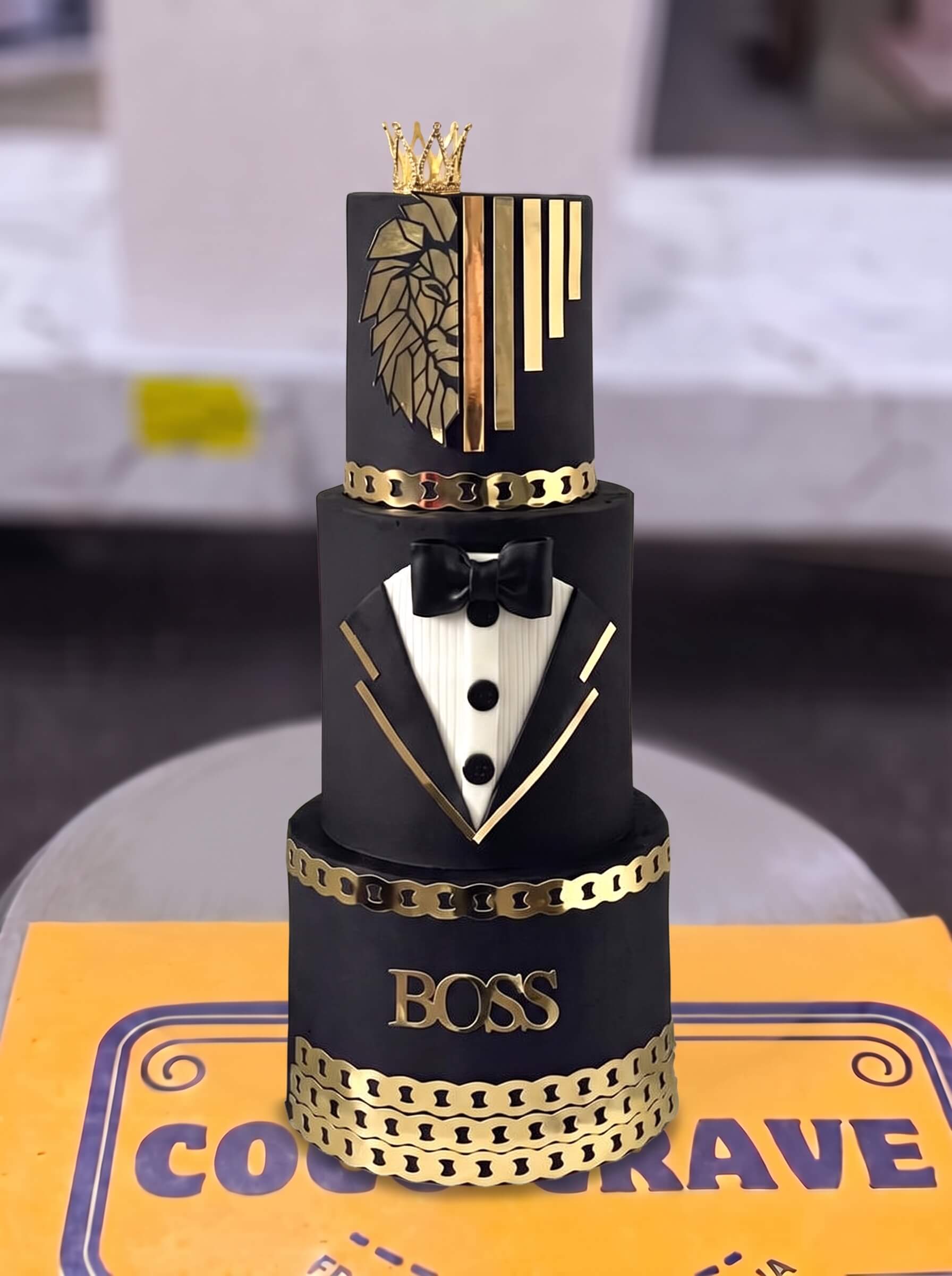 Black and Gold Tuxedo Boss Cake in Lahore — photo 2 by CocoCrave.pk Black and Gold Tuxedo Boss Cake in Lahore — photo 2