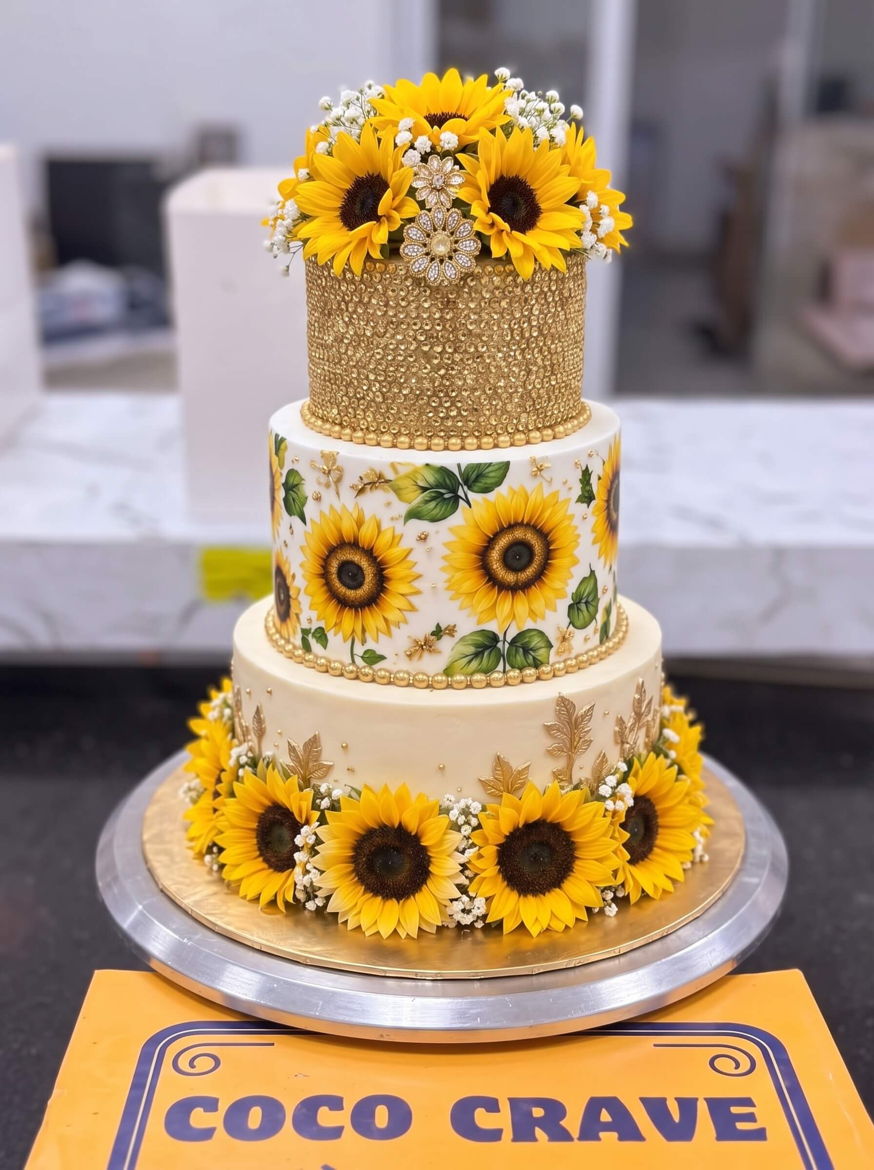Sunflower Three Tier Cake in Lahore — photo 3 by CocoCrave.pk Sunflower Three Tier Cake in Lahore — photo 3