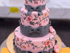 Pink and Grey Bow Floral Cake in Lahore