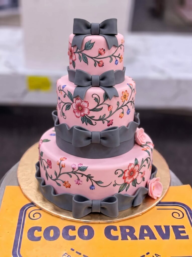 Pink and Grey Bow Floral Cake in Lahore