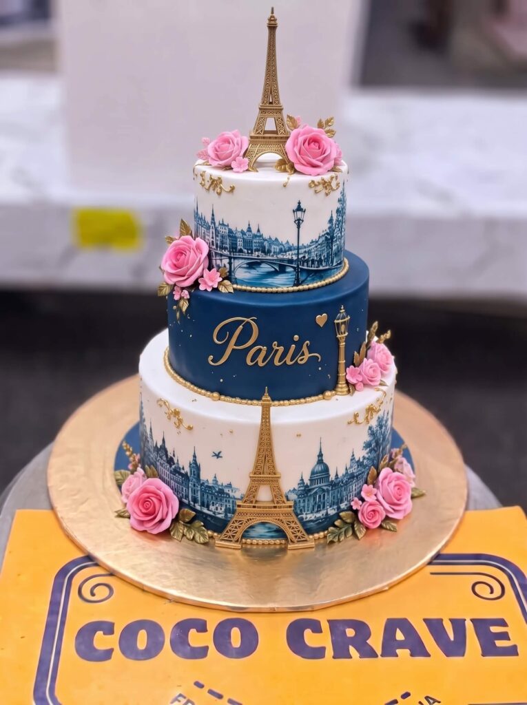 Paris Blue and White Three Tier Cake in Lahore