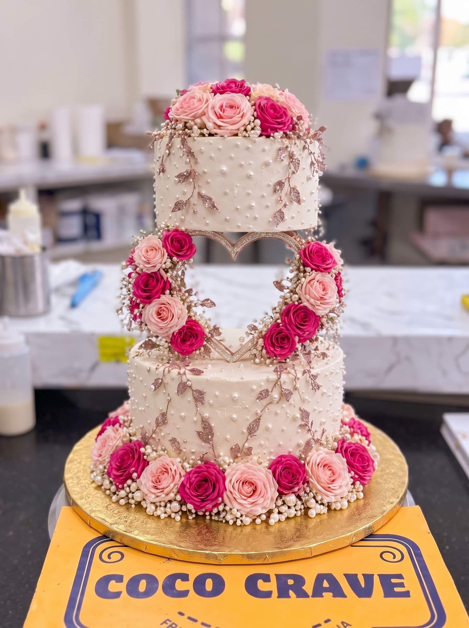 Pink Rose Heart Wedding Cake in Lahore by CocoCrave.pk Pink Rose Heart Wedding Cake in Lahore