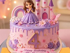 Barbie Princess Castle Cake in Lahore — A lilac princess castle cake with turrets, a rainbow, blossom and a princess doll at the front — the fairytale