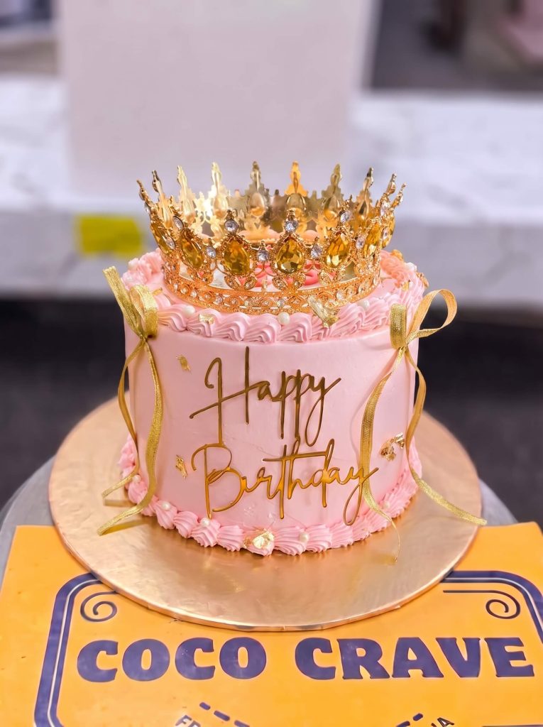 Pink Ribbon Gold Crown Cake in Lahore