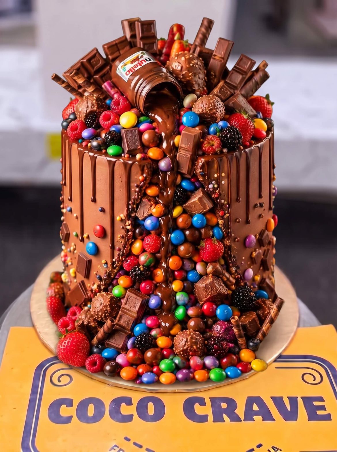 Chocolate Overload Loaded Cake in Lahore — A tall chocolate overload cake loaded with KitKat fingers, a tipping Nutella jar, gems, chocolate bars and fre