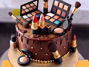 Chocolate Makeup Palette Cake in Lahore — A chocolate cake for makeup lovers — dark ganache drip, gold sprinkles and a full set of eyeshadow palettes, l
