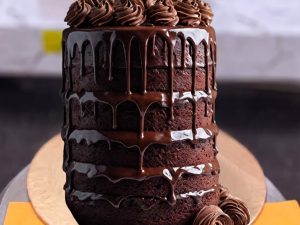 Tall Chocolate Fudge Layer Cake in Lahore — A tall semi-naked chocolate fudge cake with visible sponge layers, a thick ganache drip and piped chocolate sw