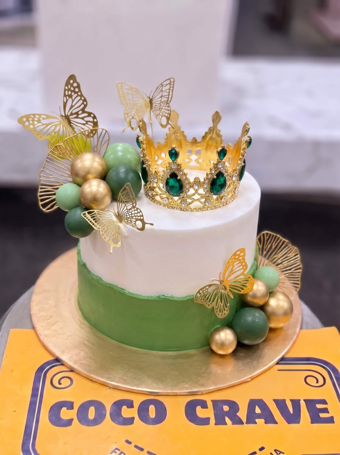 Green And Gold Butterfly Crown Cake in Lahore — Cococrave Lahore