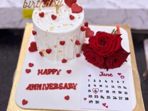 Anniversary Cake with Red Rose and Calendar in Lahore