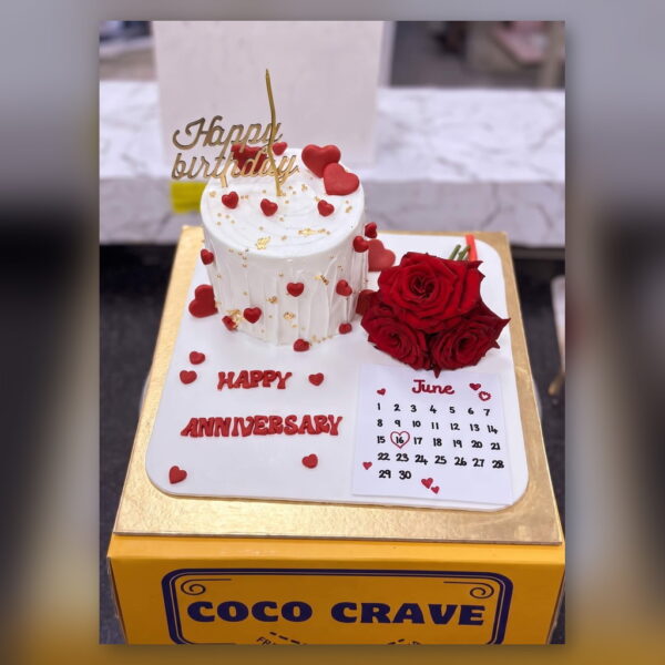 Anniversary Cake with Red Rose and Calendar in Lahore — delivered in Eme Society, Lahore