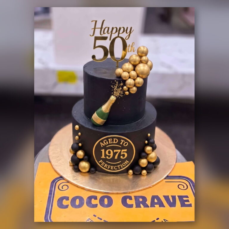 Black and Gold Champagne Birthday Cake in Lahore