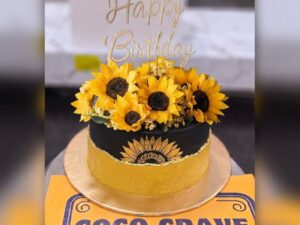 Black and Gold Sunflower Birthday Cake in Lahore