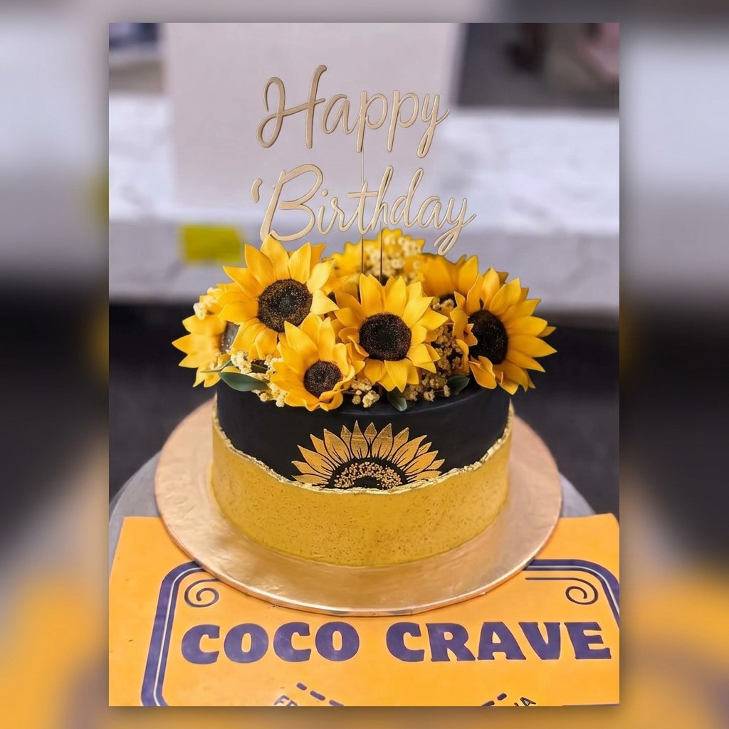 Black and Gold Sunflower Birthday Cake in Lahore Black and Gold Sunflower Birthday Cake in Lahore — CocoCrave Lahore