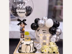 Black Gold Balloon Birthday Cake Gift Set in Lahore