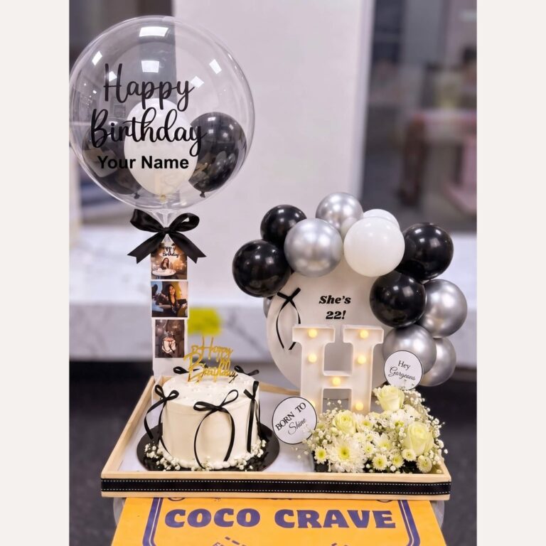 Black Gold Balloon Birthday Cake Gift Set in Lahore