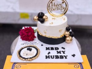 Black Gold Birthday Cake with Floral Cupcakes in Lahore