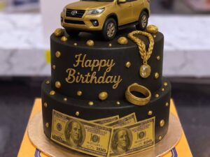 Black Gold Car Money Theme Cake in Lahore