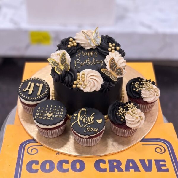 Black Gold Celebration Cake with Cupcakes in Lahore — delivered in Lahore