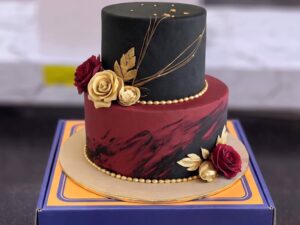 Black Maroon Two Tier Gold Rose Cake in Lahore