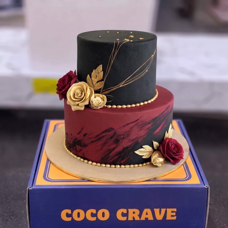 Black Maroon Two Tier Gold Rose Cake in Lahore