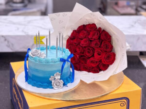Blue Cake and Red Rose Bouquet Gift Set in Lahore
