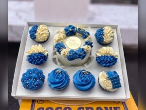 Blue Floral Bento Cake and Cupcakes in Lahore