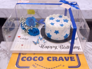 Blue Floral Birthday Cake in Clear Gift Box in Lahore
