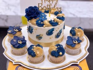 Blue Floral Happy Birthday Cake and Cupcakes in Lahore