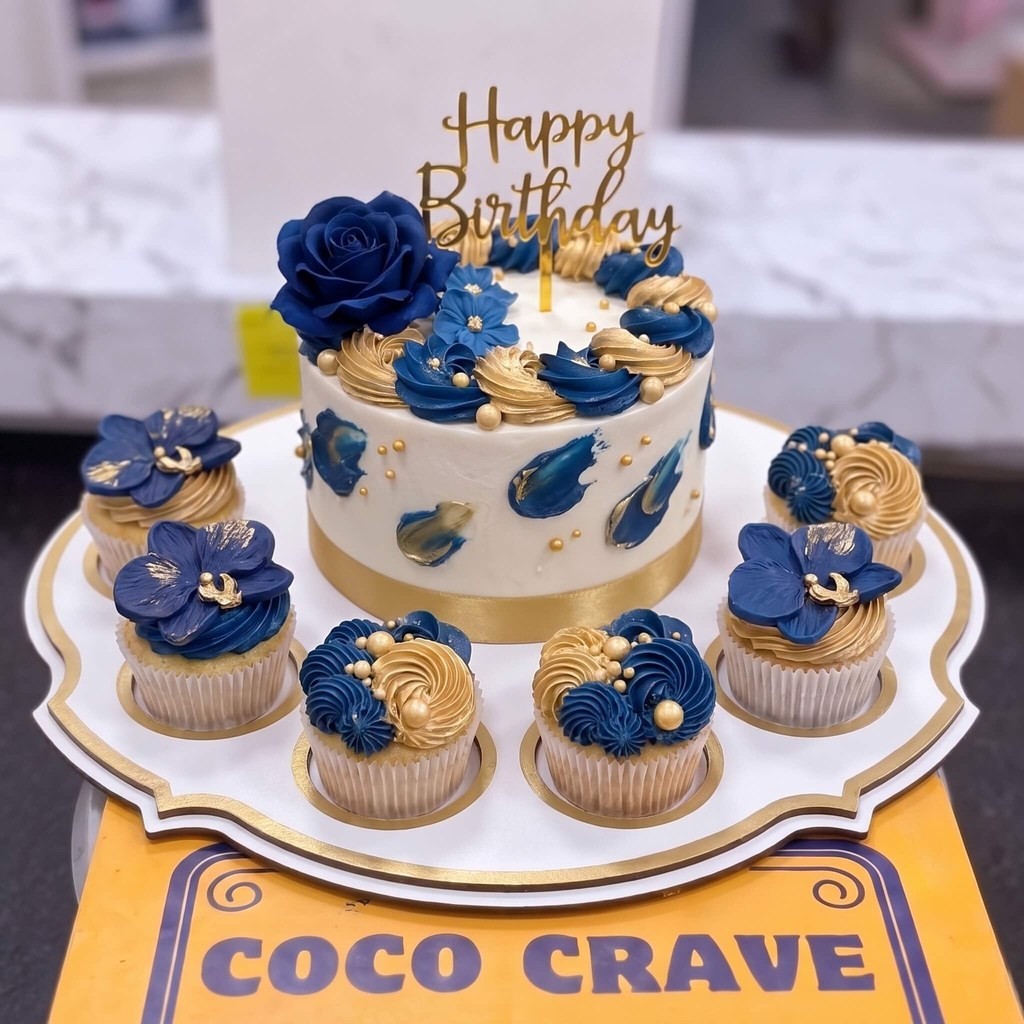 Blue Floral Happy Birthday Cake and Cupcakes in Lahore Blue Floral Happy Birthday Cake and Cupcakes in Lahore — CocoCrave Lahore