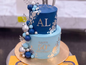 Blue Gold Fiftieth Birthday Celebration Cake in Lahore
