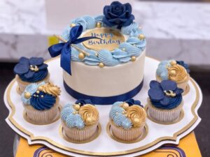 Blue Gold Rose Cake and Cupcakes Set in Lahore