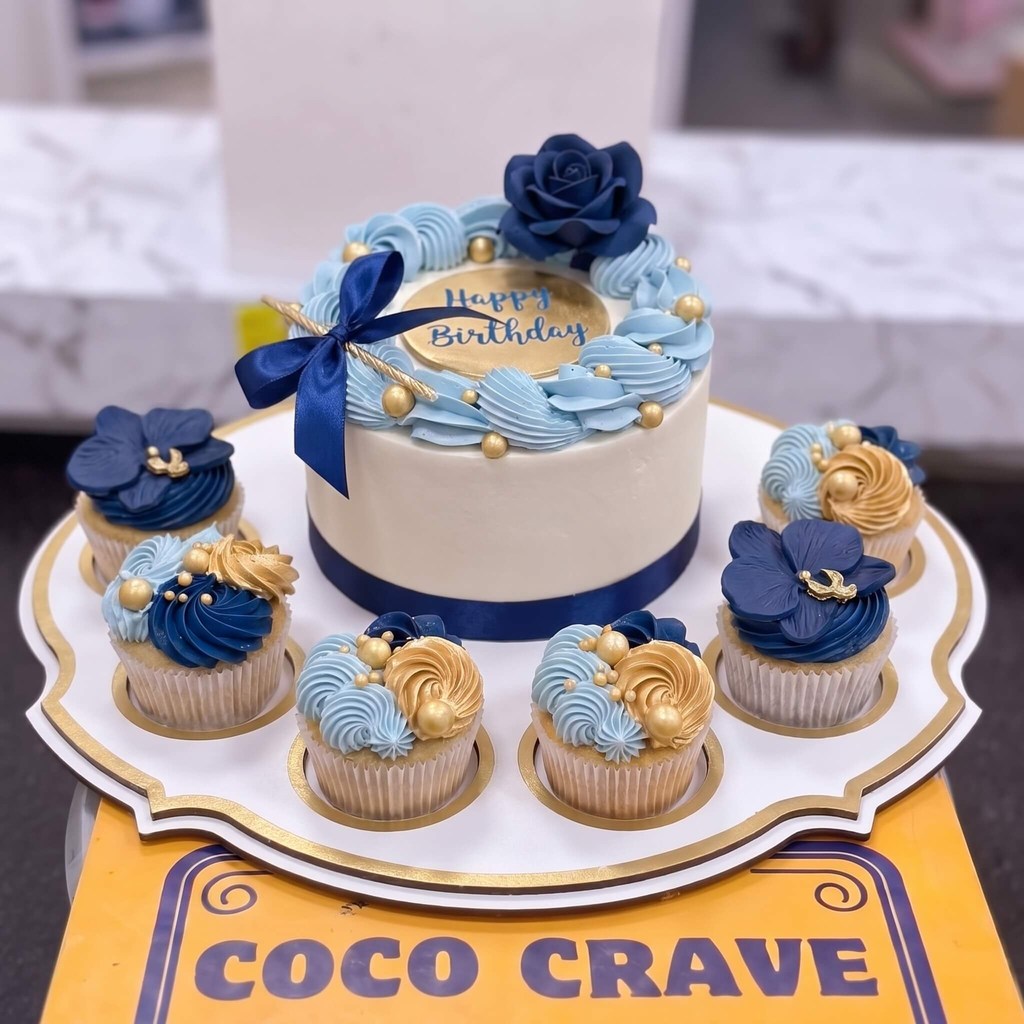 Blue Gold Rose Cake and Cupcakes Set in Lahore Blue Gold Rose Cake and Cupcakes Set in Lahore — CocoCrave Lahore