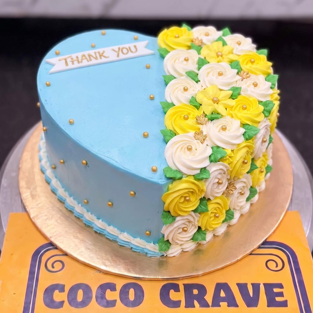 Blue Heart Thank You Floral Cake in Lahore Blue Heart Thank You Floral Cake in Lahore — CocoCrave Lahore