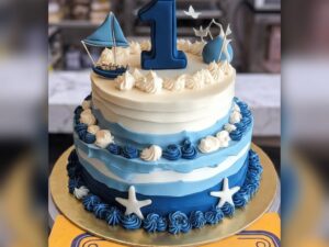 Blue Nautical Two Tier First Birthday Cake in Lahore