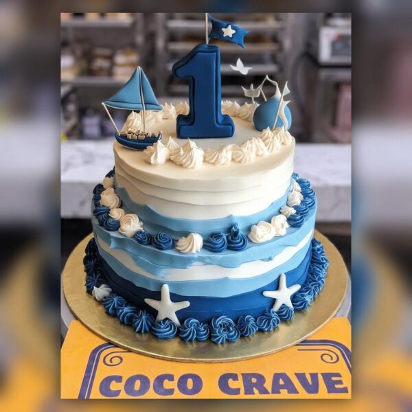 Blue Nautical Two Tier First Birthday Cake in Lahore — delivered in Lahore