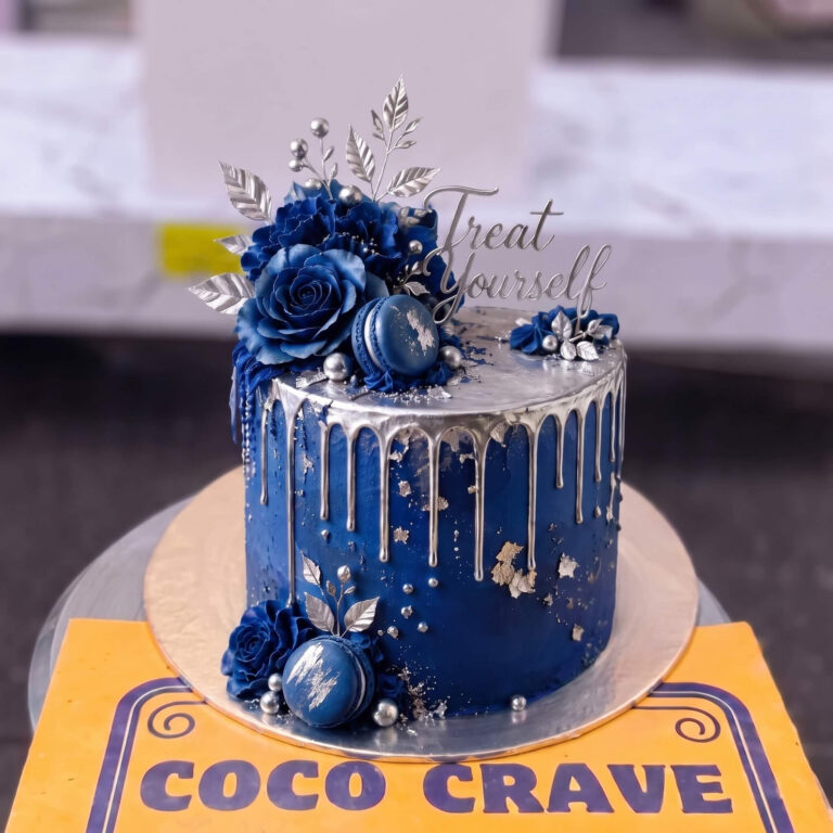 Blue Rose Gold Drip Birthday Cake in Lahore
