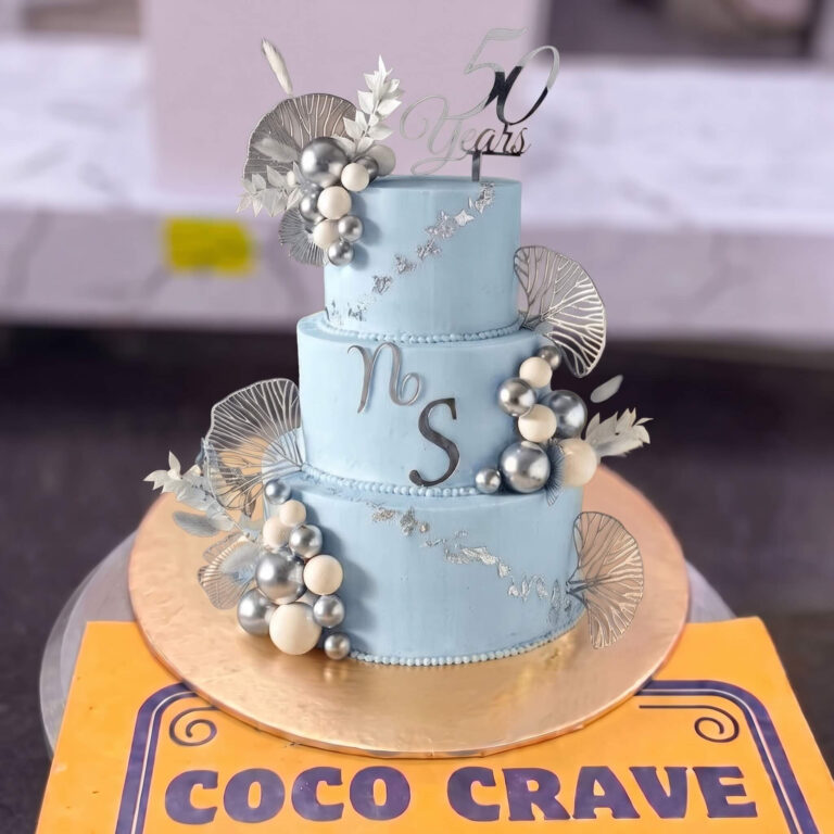 Blue Silver Two Tier Mr and Mrs Cake in Lahore