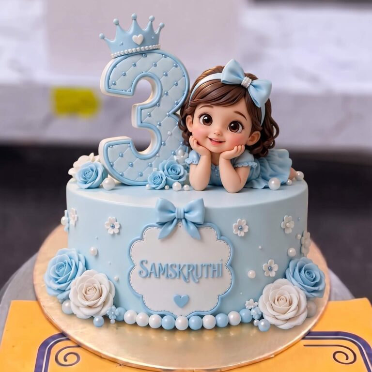 Blue Third Birthday Cake with Crown in Lahore