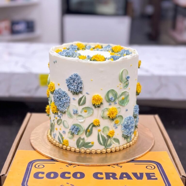 Blue Yellow Floral Print Birthday Cake in Lahore